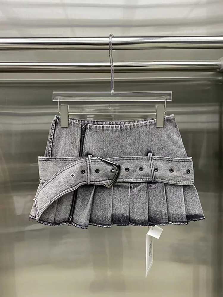 DEAT Womens Cowboy Skirt High Waist Wide Band Washed Grey Spliced Zipper Wrinkled Mini Skirt Spring 2025 New 11A0129XJ250320