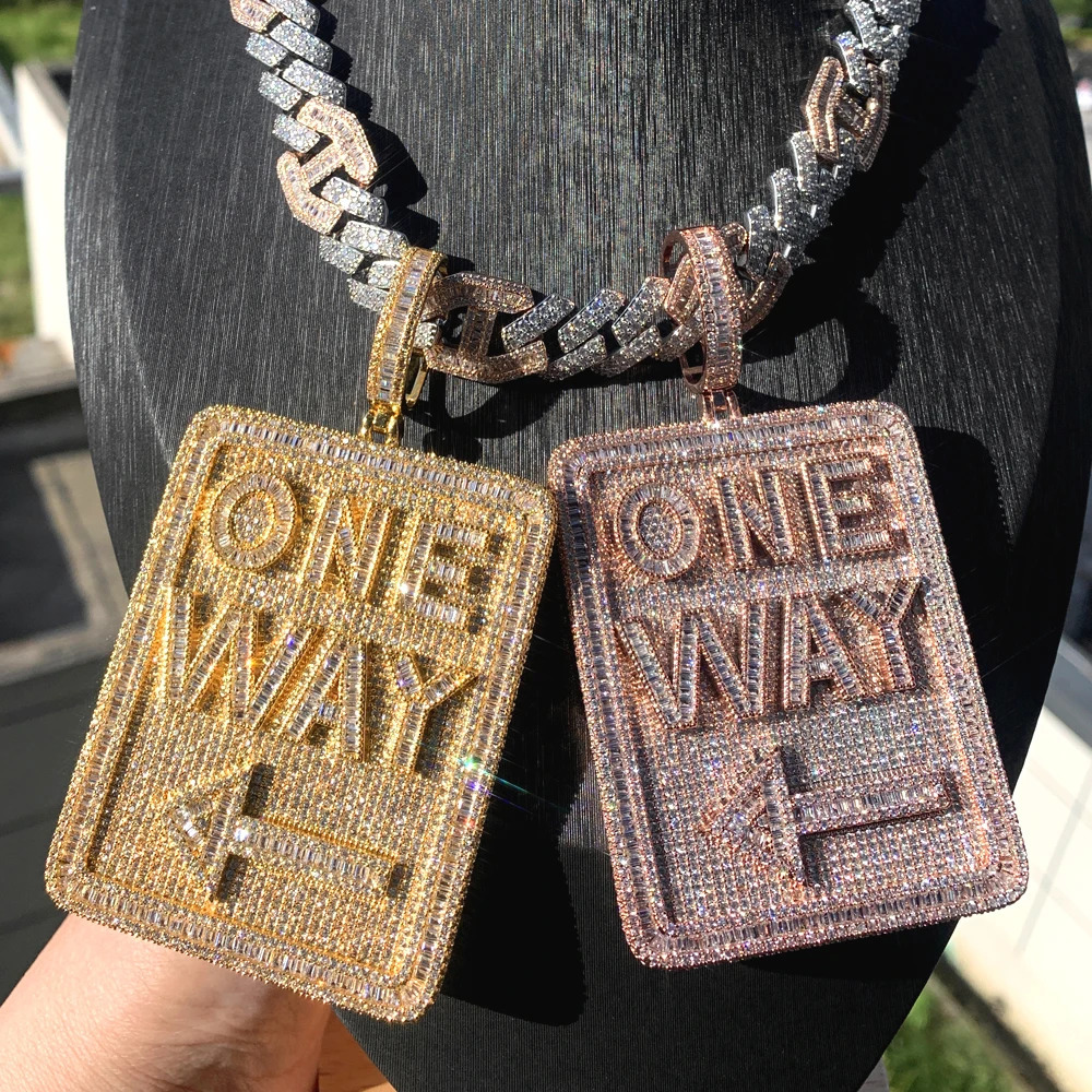 Iced Out Bling Direction Signs Pendant Necklace Cubic Zirconia Letter One Way Charm Men Fashion Hip Hop Jewelry 250320