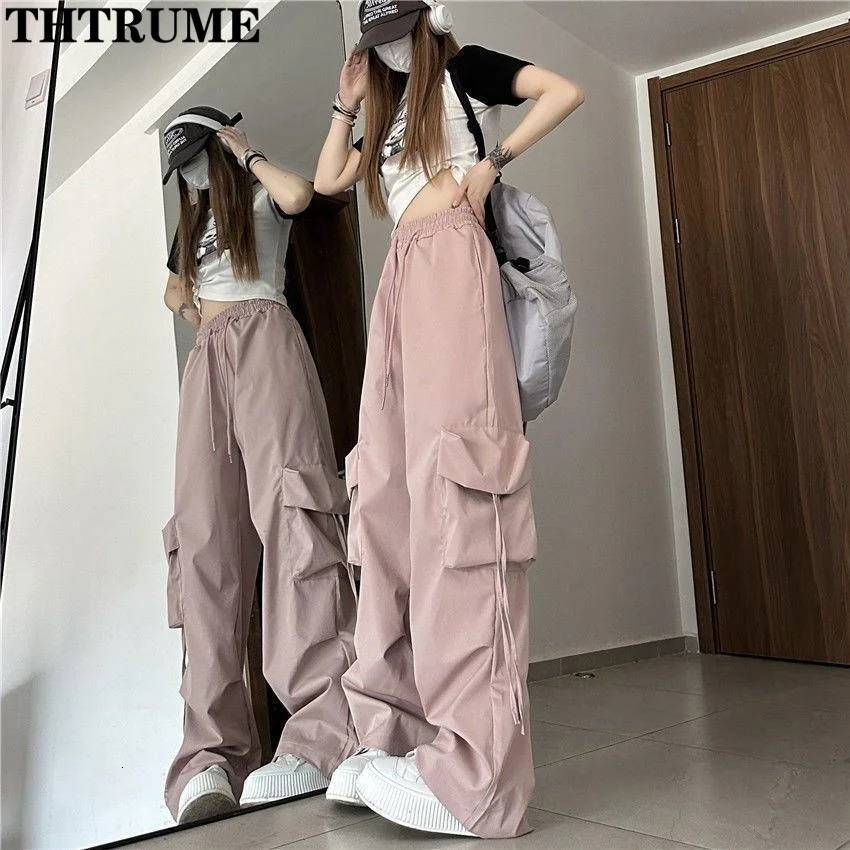 Retro retro street bag pants fashionable womens oversized drawstring pocket casual streetwear loose jogging 250320