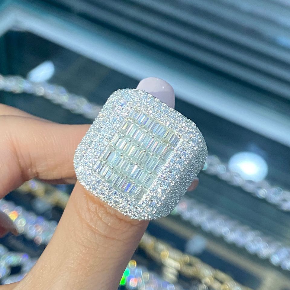 Hiphop Jewelry D VVS Moissanite Square Ring Custom Iced Out Baguette Cut 925 Sterling Silver Championship Ring Men