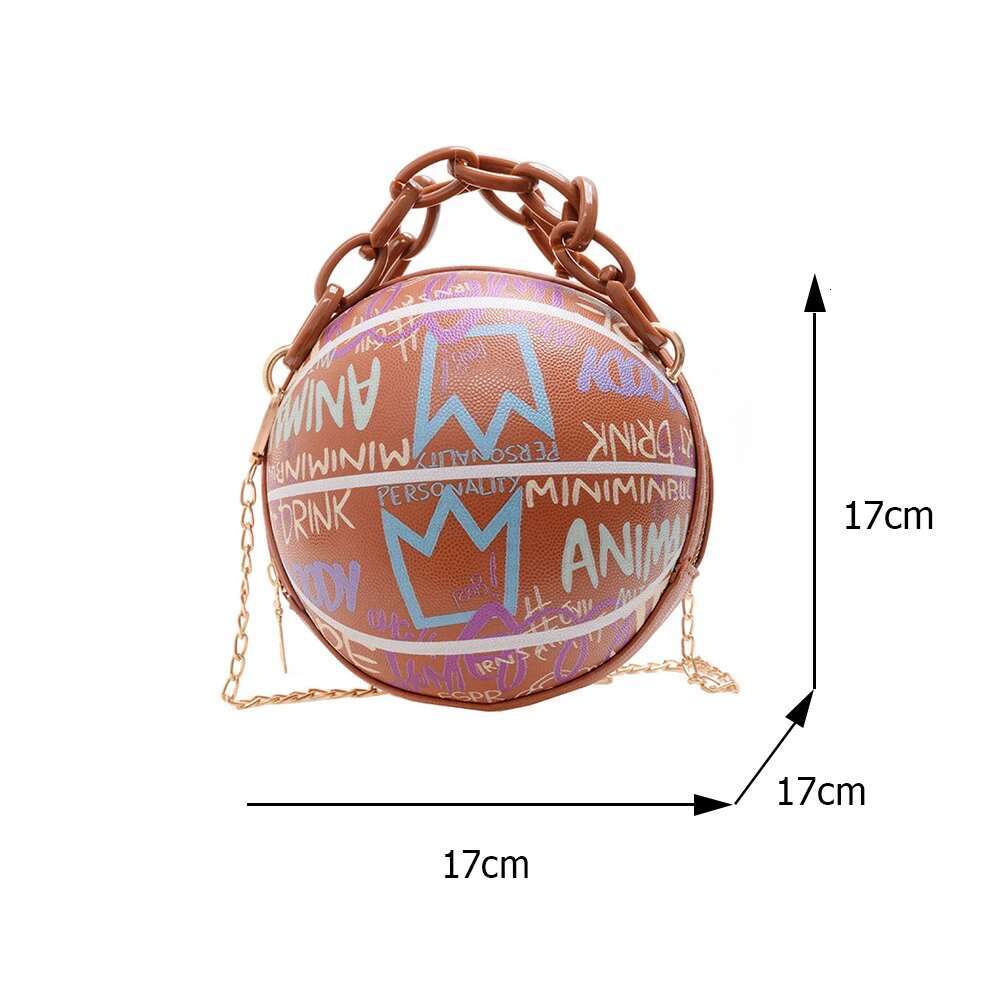 2024 Women Personality Graffiti Round Ball Soft PU Leather Crossbody Acrylic Chain Handbags And Purses Female Basketball Bag