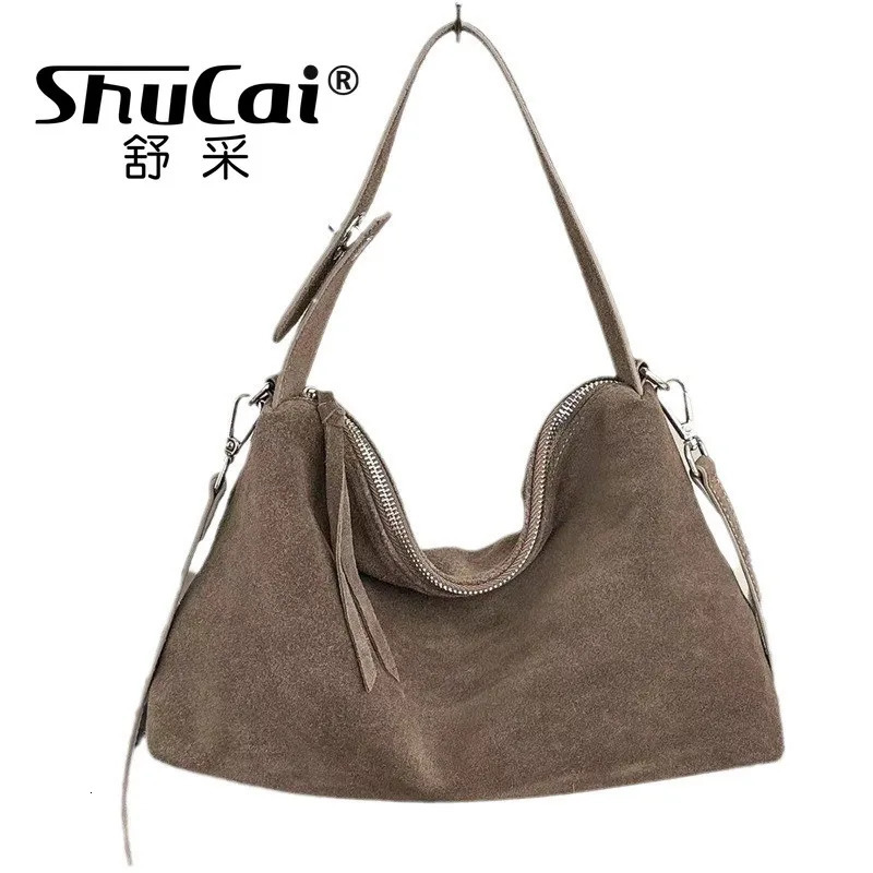 Fashion Autumn Winter Big Boston Tote Soft Matte Suede Cow Leather Womens Handbag Shoulder Crossbody Bag For Women Grey Brown 250318