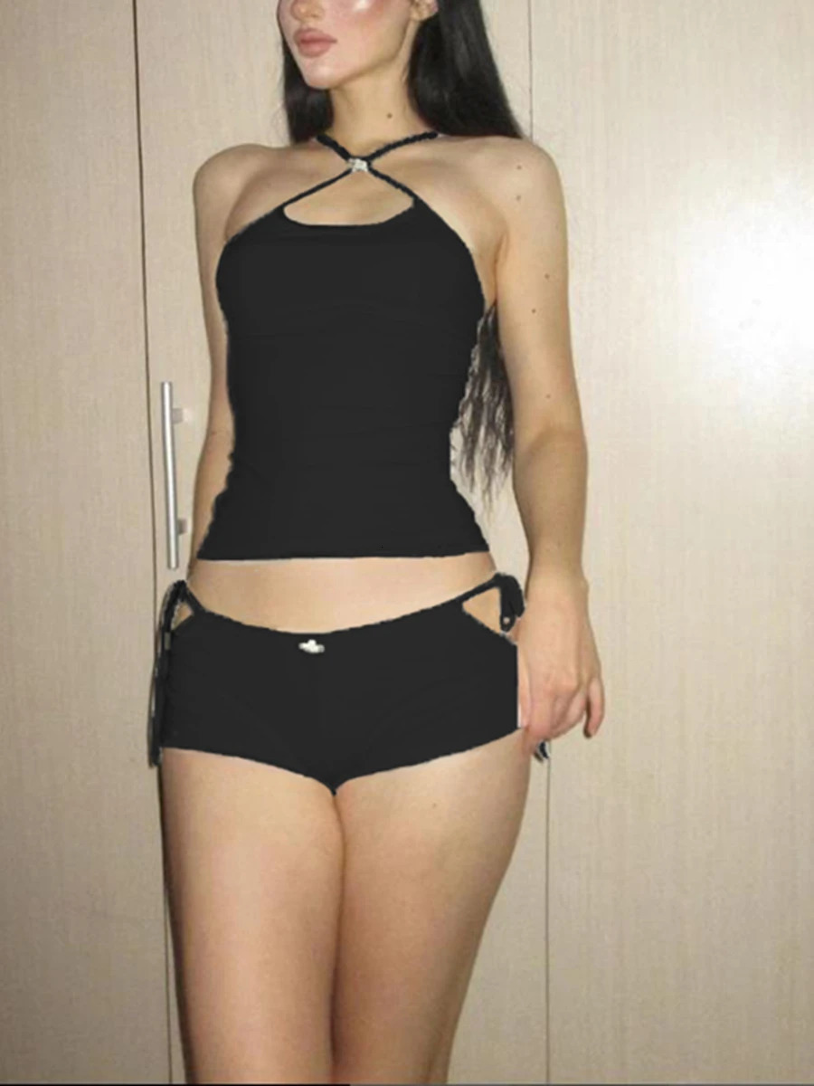 Womens 2 Piece Short Sets Summer Chic Criss Cross Backless Camisole Tops and Bandage Cutout Shorts Outfits Club Streetwear Trendy 250320
