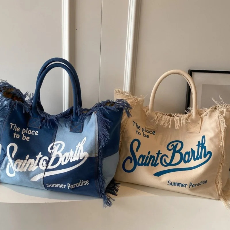 Summer Selling Canvas Solid Color Womens Bag Large Capacity Printed Letter Tassel Splicing High-quality Handbag 250314