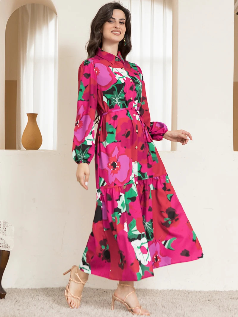 Sweetheart collar long sleeved button waistband polka dot printed rose pink long skirt 250317