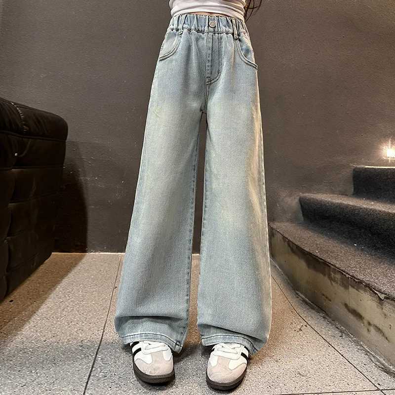 Kids High Waisted Washed Jeans Classic Trendy Street Straight Denim Pants For Girls Simple Style Jeans Trousers For Teens ChildT250326