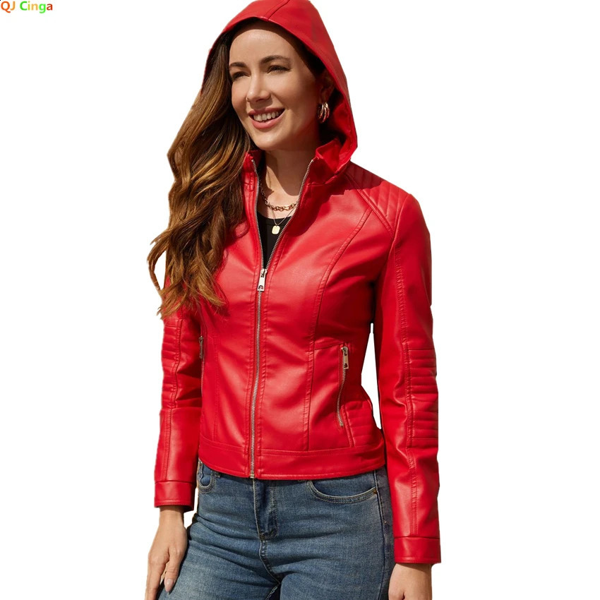 Bright red womens hooded leather jacket hat windproof fashionable casual PU black blue coffee khaki pink XXXL 250319