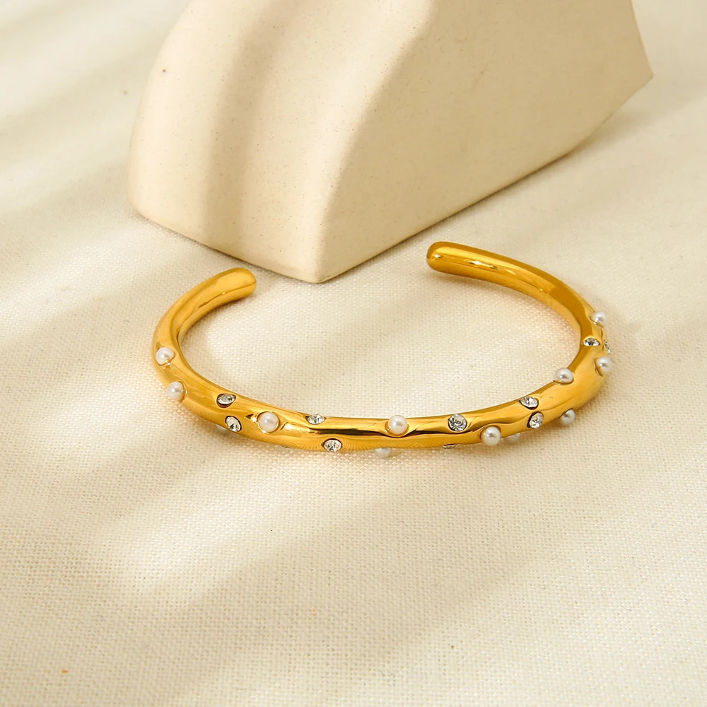 Vintage 18K Gold Plated Stainless Steel Cuff Bracelets Irregular Pearl Stone Opening n Bangle for Party Gift 250320