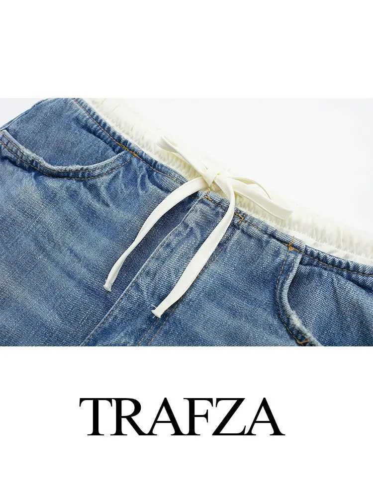 TRZA 2024 Denim Mini Skiing Womens Tie Bow High Waist Skiing Womens Fashion Splicing SkiingXJ250320