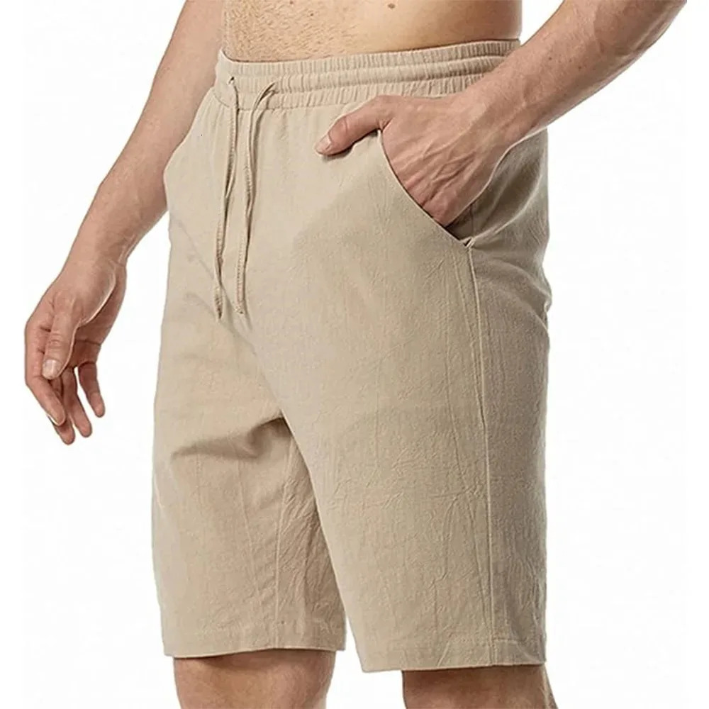 Mens Elastic Waist Solid Color Hawaiian Shorts Casual Cotton Linen Short Pants Men Shorts Breathable Sweatpants Male Bottoms 250320
