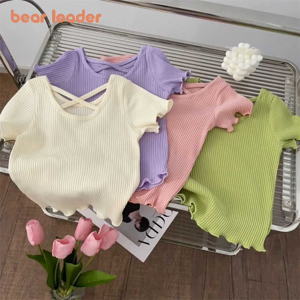 Bear Leader Summer New Girls Clothes Korean Version Top Cross Back Short Sleeve Kids Solid Color Round Neck Casual T-ShirtsT250320