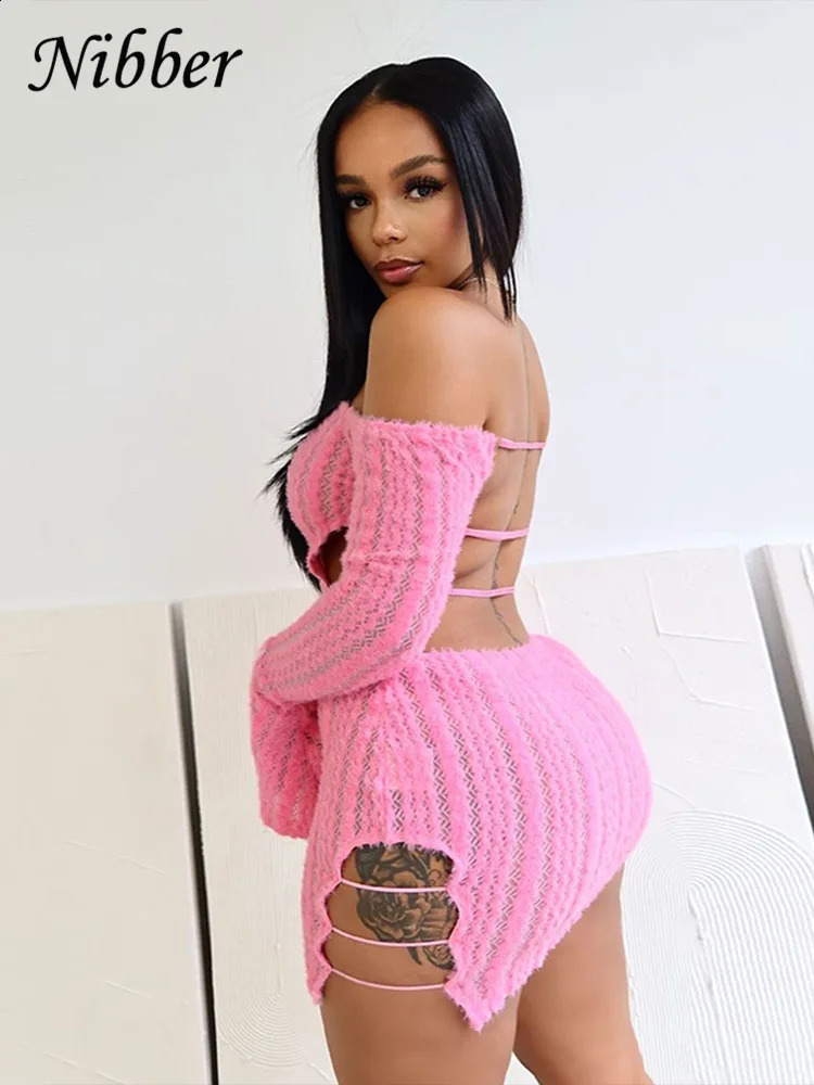 Nebo fluffy knitted elegant dress for women sexy boat neck without back tight fitting womens street clothing midnight vest 250319