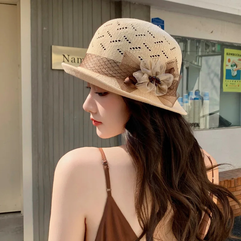 Elegant and Dignified Temperament Upturned Edge Flower Pot Hat Summer French Hat Womens Sunscreen Sun Hat 250320