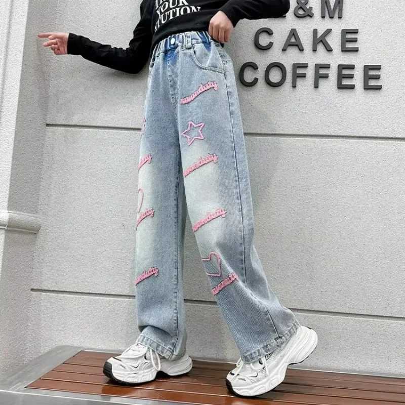 Girls Jeans 2025 New Spring Autumn Children Pants Stylish Girls Cowboy Trousers Loose Kids Wide Leg Pants Tide Teen ClothesT250326