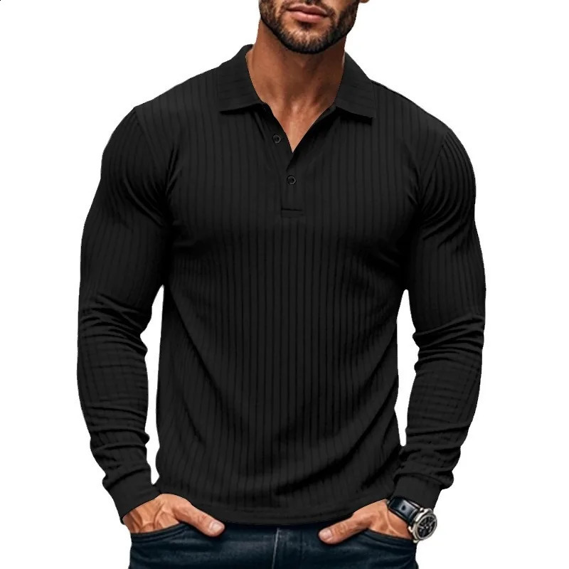Cross border mens classic casual American lapel button long sleeved Tshirt elastic pit stripe polo shirt 250318