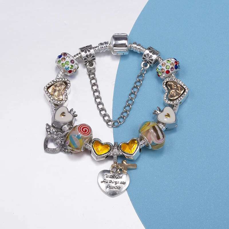 Silver Color Crystal Heart Cross Beads Charm Bracelet With DIY Brand Bracelets Bangles For Women Men Jewelry Gift Dropshipping