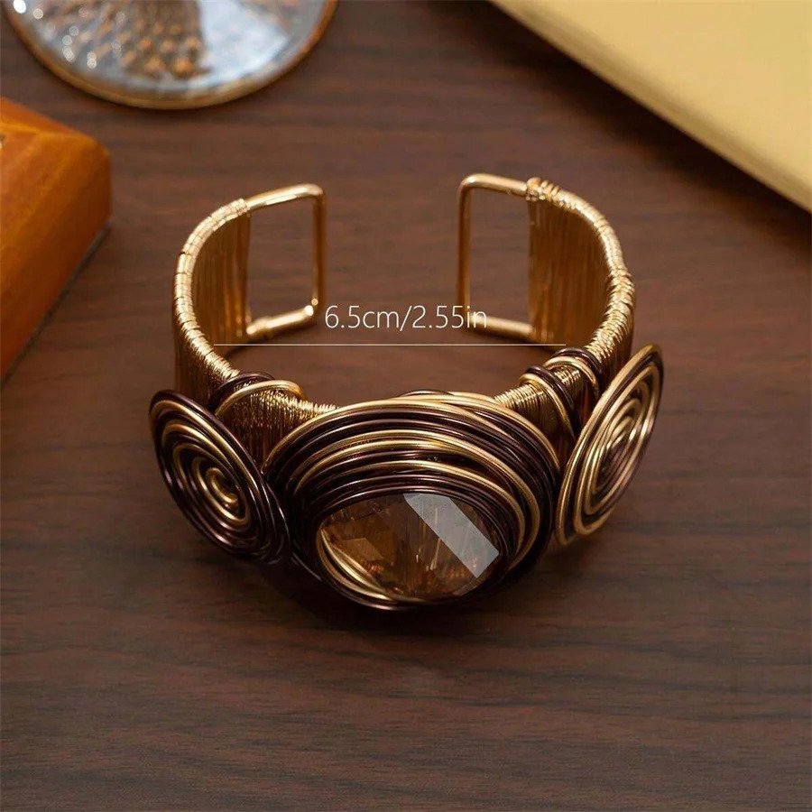 Exaggerated Metal Wire Winding Cuff Bracelet Big Brown Rhinestone Heavy Metal Bracelet For Women Personality Jewelry 250320