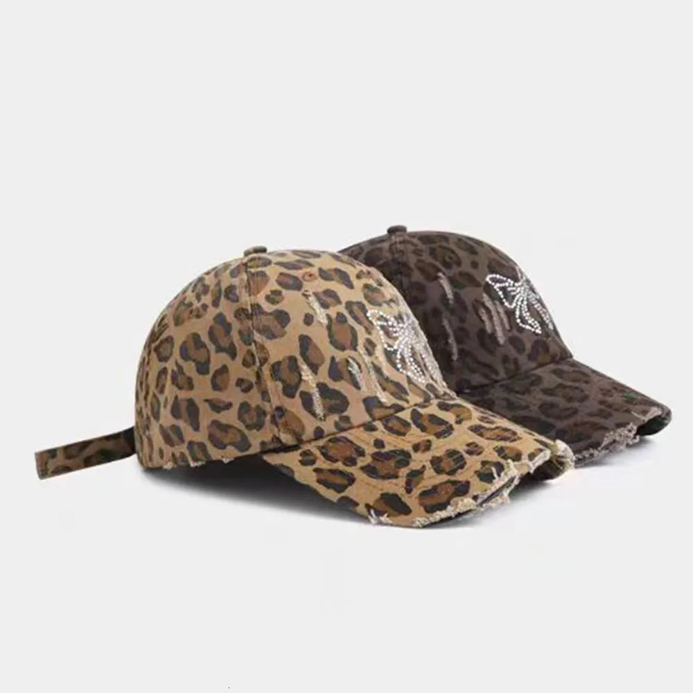 Korean Rhinestone Bowknot Leopard Baseball Cap Women Personality Distressed Brushed Visor Hats Cotton Adjustable Versatile Caps 250320