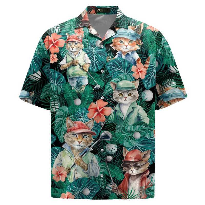 Animal Cat Raccoon Hawaiian Shirt Mens 3D Printed Dinosaur Pattern Shirt Button Collar Short Sleeve Fashion Aloha Shirt Clothing M250320