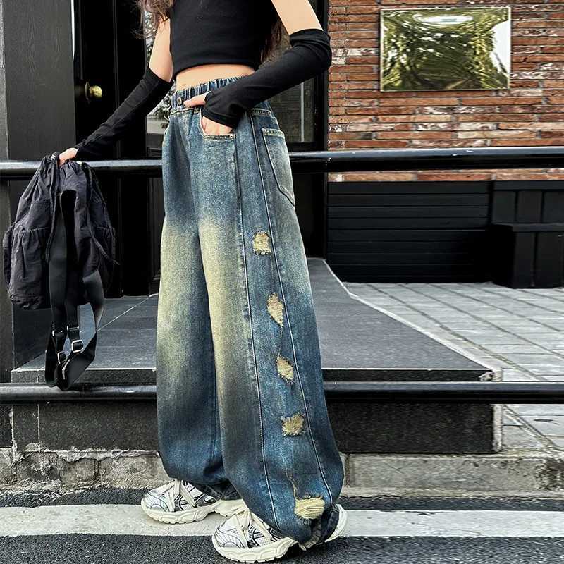 Childrens retro torn jeans suitable for girls fashionable high waisted spring and autumn broken holes wide legs teenagers childrens denim TrouserT2503