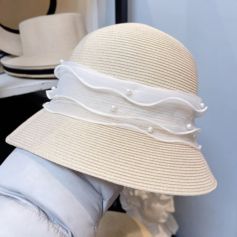 High Quality Summer Straw Hat 2025 Women Elegant Pearl Bow Hepburn Style Sun Hat Outdoor Folding Sun Protection Beach Hat 250320
