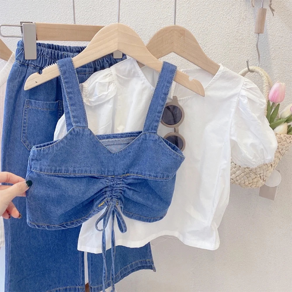Bear Leader Summer Round Neck Short Sleeve White Shirt Denim Vest Top Pants Three Piece Sets Cowboy Girl Suit 250319