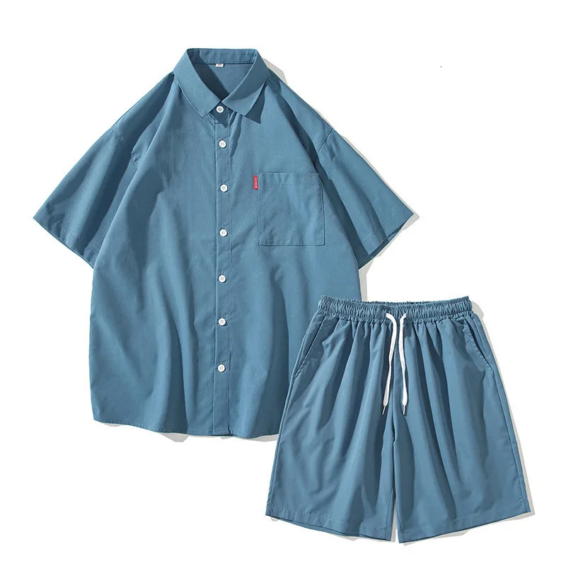 Summer Mens Casual Set Japanese Solid Color Simple Loose Short sleeved Shirt Shorts Two piece 250317