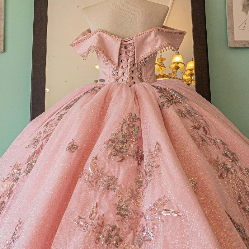 Pink Sparkly Princess Off Shoulder Quinceanera Dresses Sweetheart Sequin Lace Applique Beading Crystal Tull Sweet 16 Ball Gown Vestidos De 15 Anos