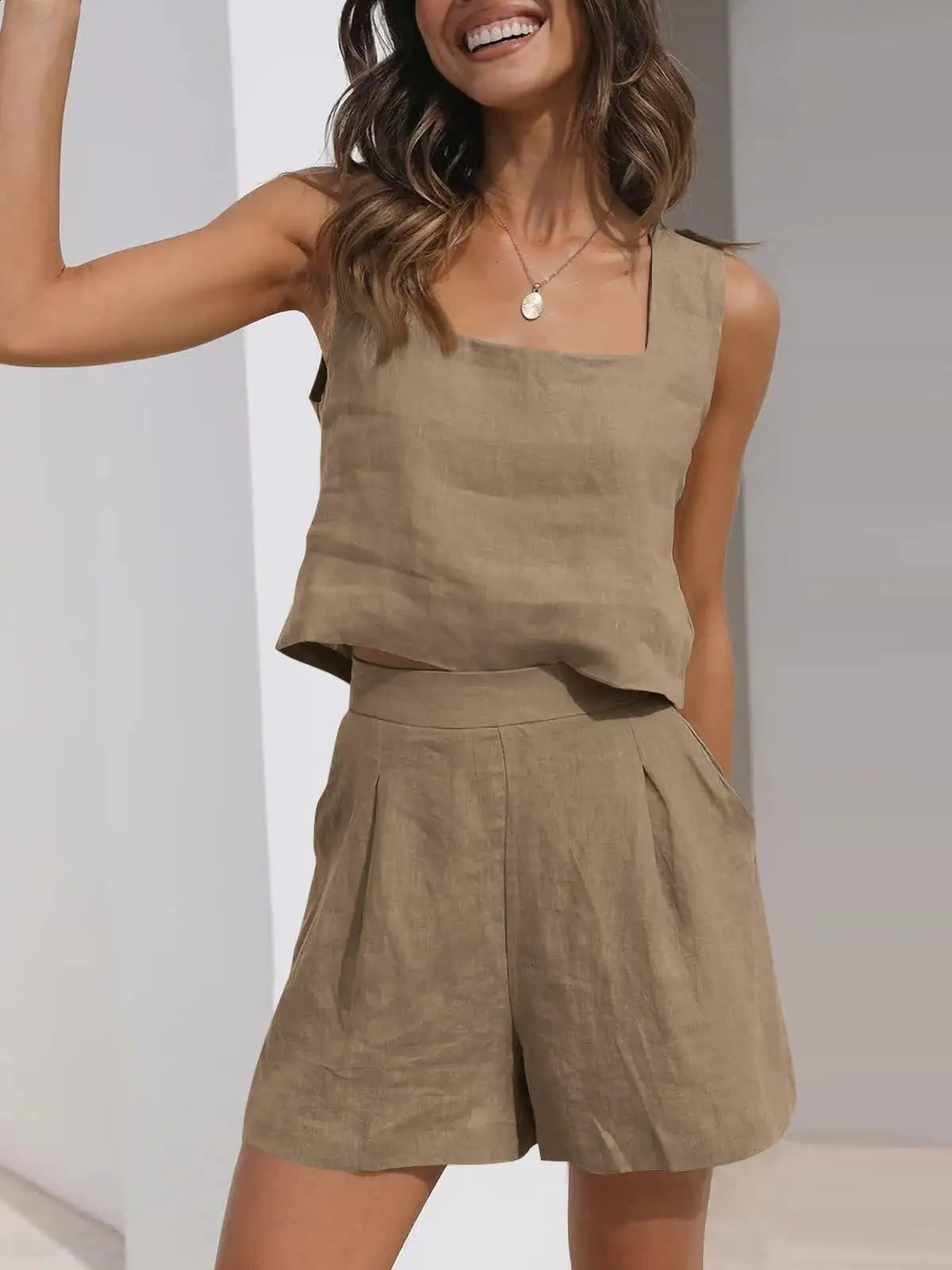 Casual womens casual vacation two-piece summer solid color sleeveless pocket pants set elegant wide leg vest set 250318