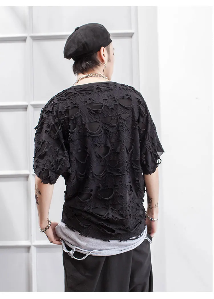 Dark summer personality hole alternative perspective mesh loose short sleeve Tshirt trendy mens ins bottom coat shirt 250320