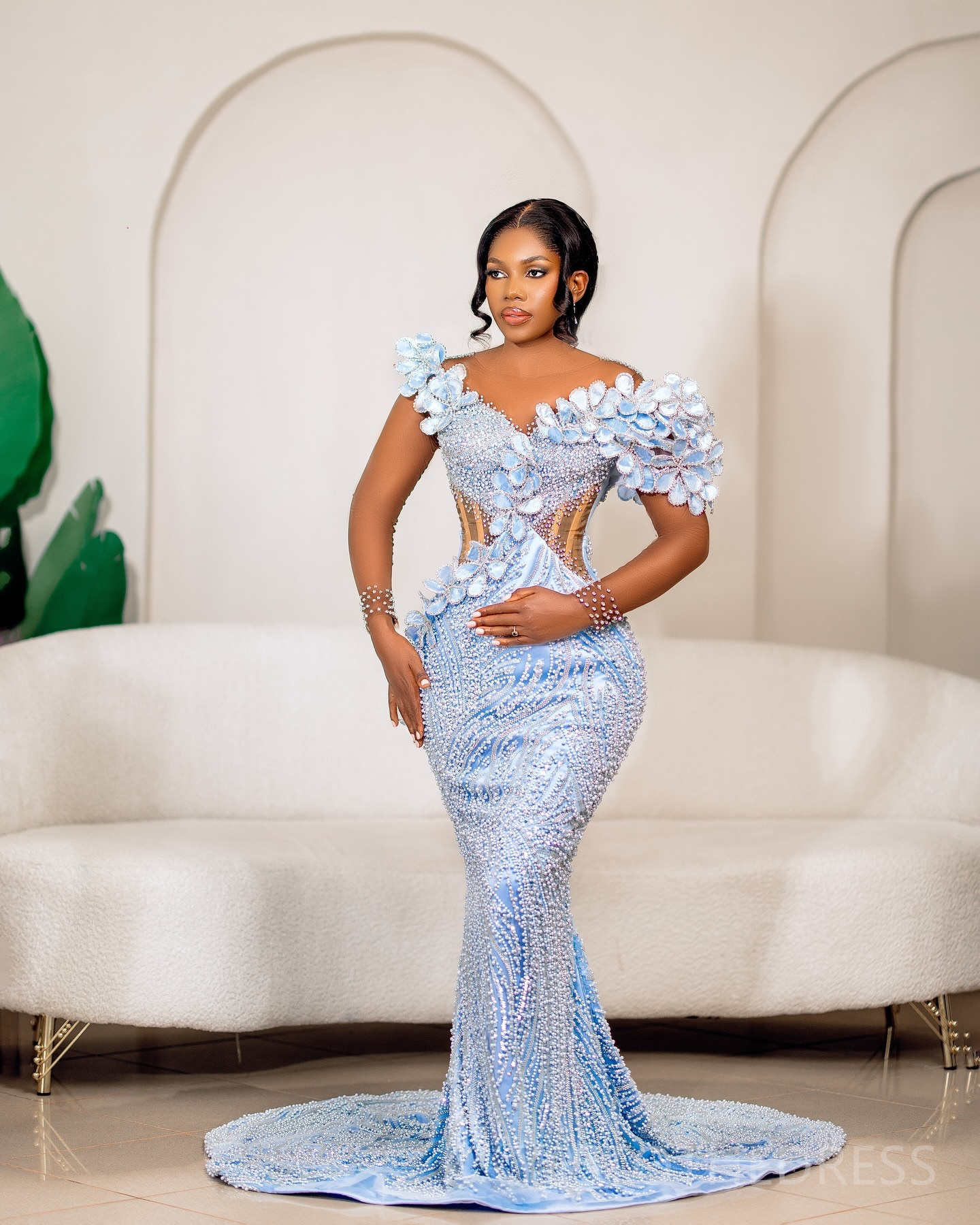 Aso Ebi Light Blue Prom Dresses 2025 Mermaid Prom Dress For Special Occasions Sheer Neck Long Sleeves Folra Beaded Lace Birthday Second Reception Gown