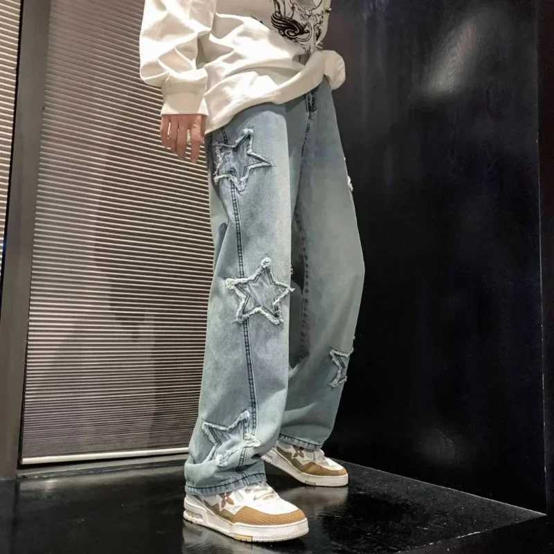 Stars Patchwork Men Jeans New Fashion Y2K Tassel Pants Korea Clothes Straight Hip Hop Splicing Trousers Male StreetwearT250319