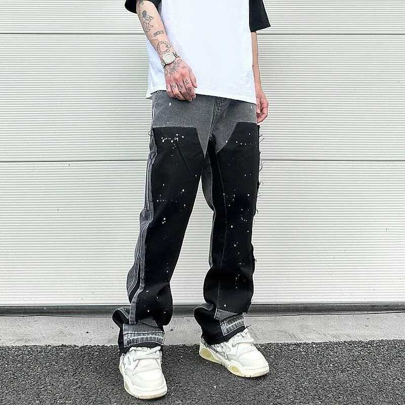 Stitching Ink Splash Jeans Mens Couple European and American Trend Brand Friend Street American Fashion Micro Flash PantsT250319