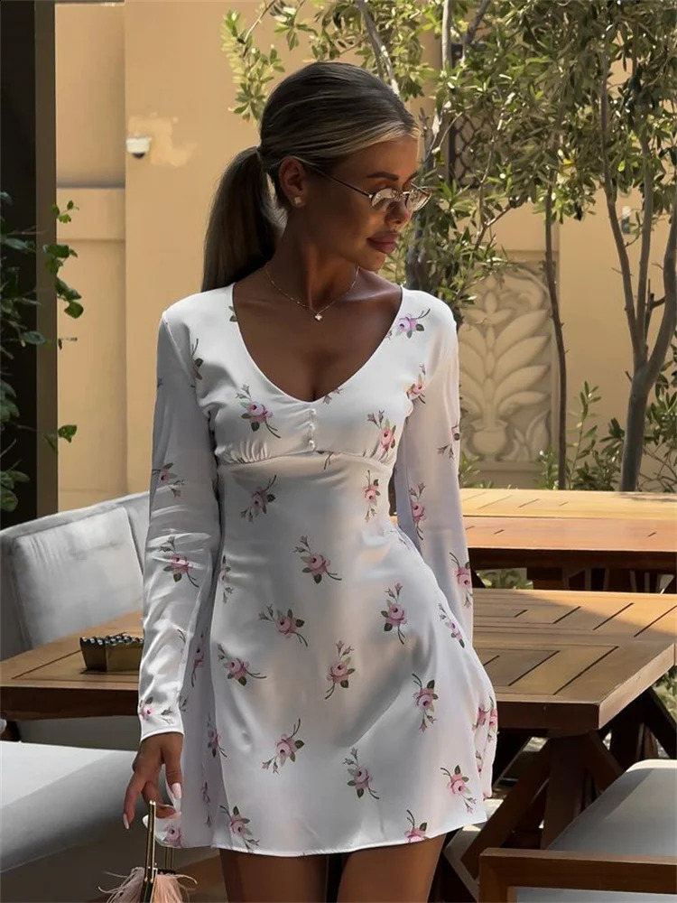 Fantoye sexy Vneck printed button long sleeved womens dress ultrathin fit zipper short streetwear 250319