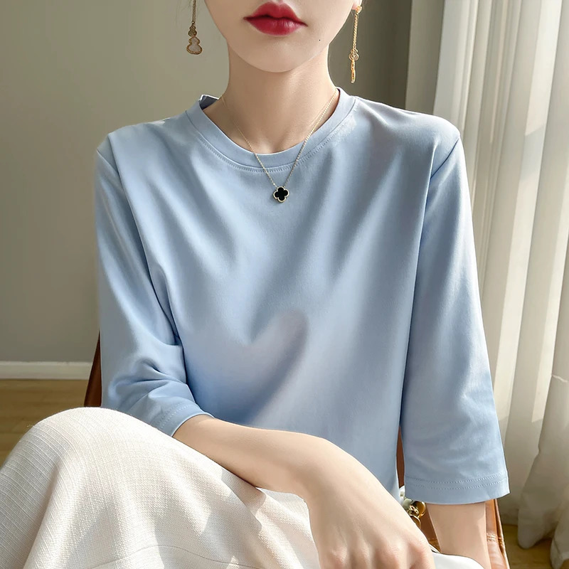 Spring And Summer White Mercerized Cotton Short Sleeve T-Shirt Feminine Joker Cotton Cropped Sleeve Bottoming Shirt 250320