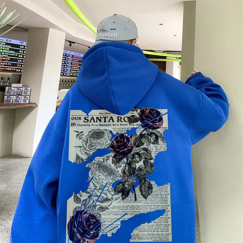 Autumn Goth Rose Graphic Print Mens Hoodie Hip Hop Fashion Y2K Street Clothing Casual Wool Loose Pull up Sweatshirt 250320Z
