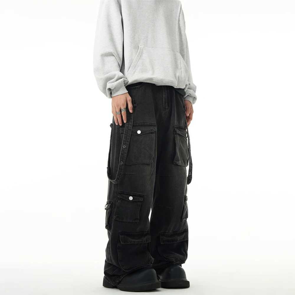 Black Cargo Jeans Men Baggy Multi-pocket Wide Leg Streetwear Trousers Summer 2024 Fashion Y2k Street Punk Vintage Denim PantsT250319