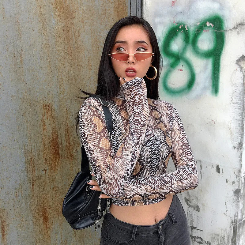 Casual Green Snake Print T Shirt Women Mesh Top Long Sleeve Transparent Snakeskin Female T-shirt High Neck Crop Tops 250320