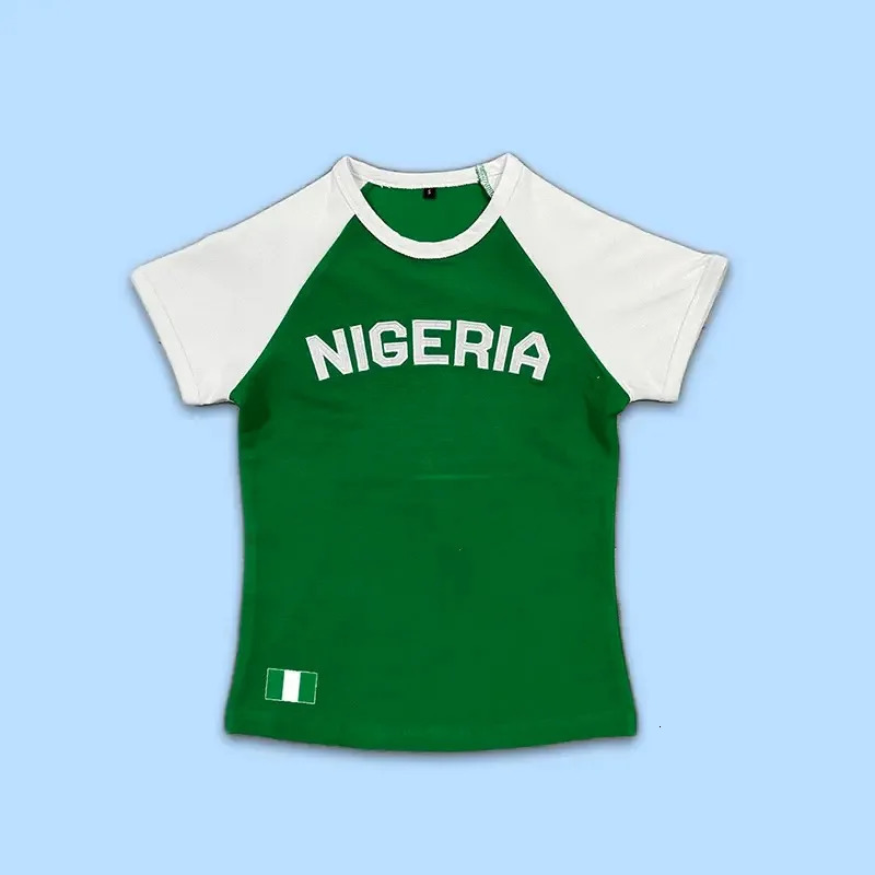 2025 Summer y2k Leisure Color Blocked Embroidered Nigeria Letter Green T-shirt trend 2025 Womens Clothing Crop Top EMO 250320
