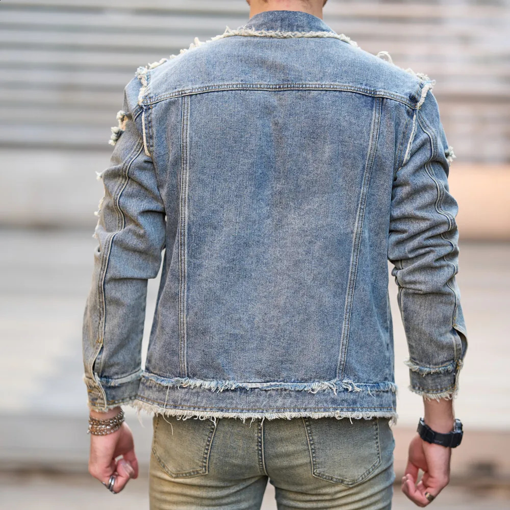 Men Autumn Streetwear Fashion Solid Ripped Slim Denim Jacket High quality Male Holes Casual Coat 250317