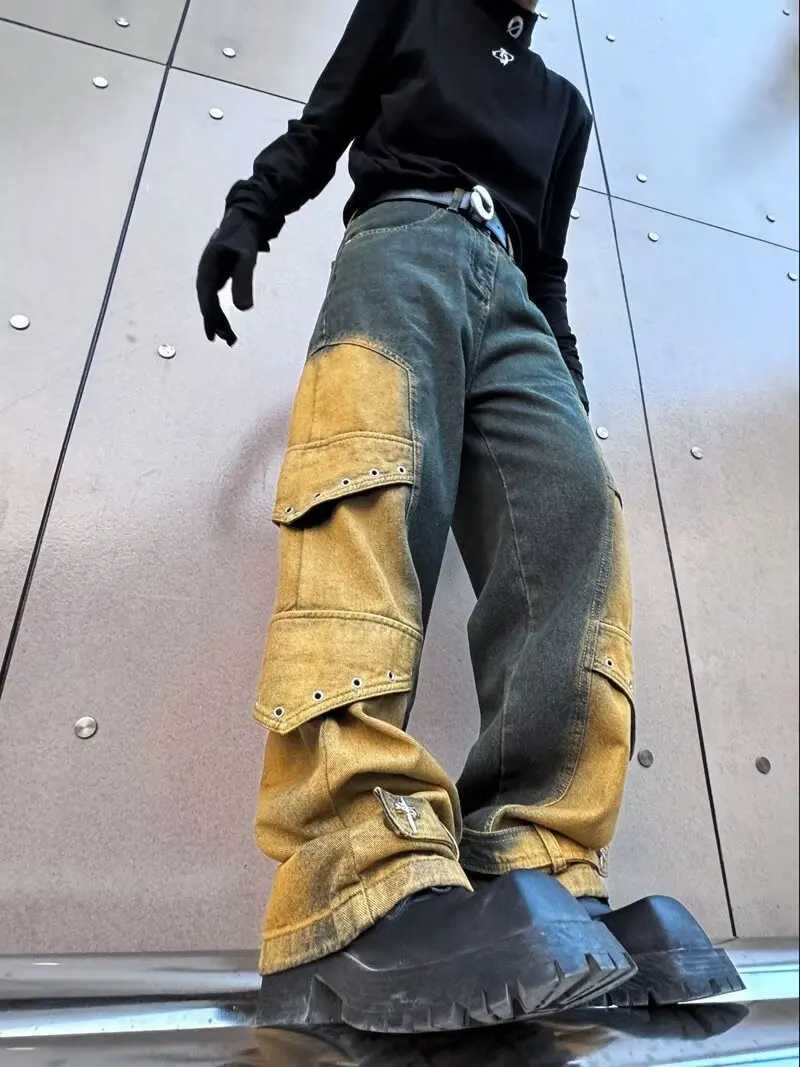 2024 Pantalones Y2K Streetwear Retro Blue Pocket New Jeans Mens Cargo Pants Straight Wide Legs Hip Hop CowboyT250319