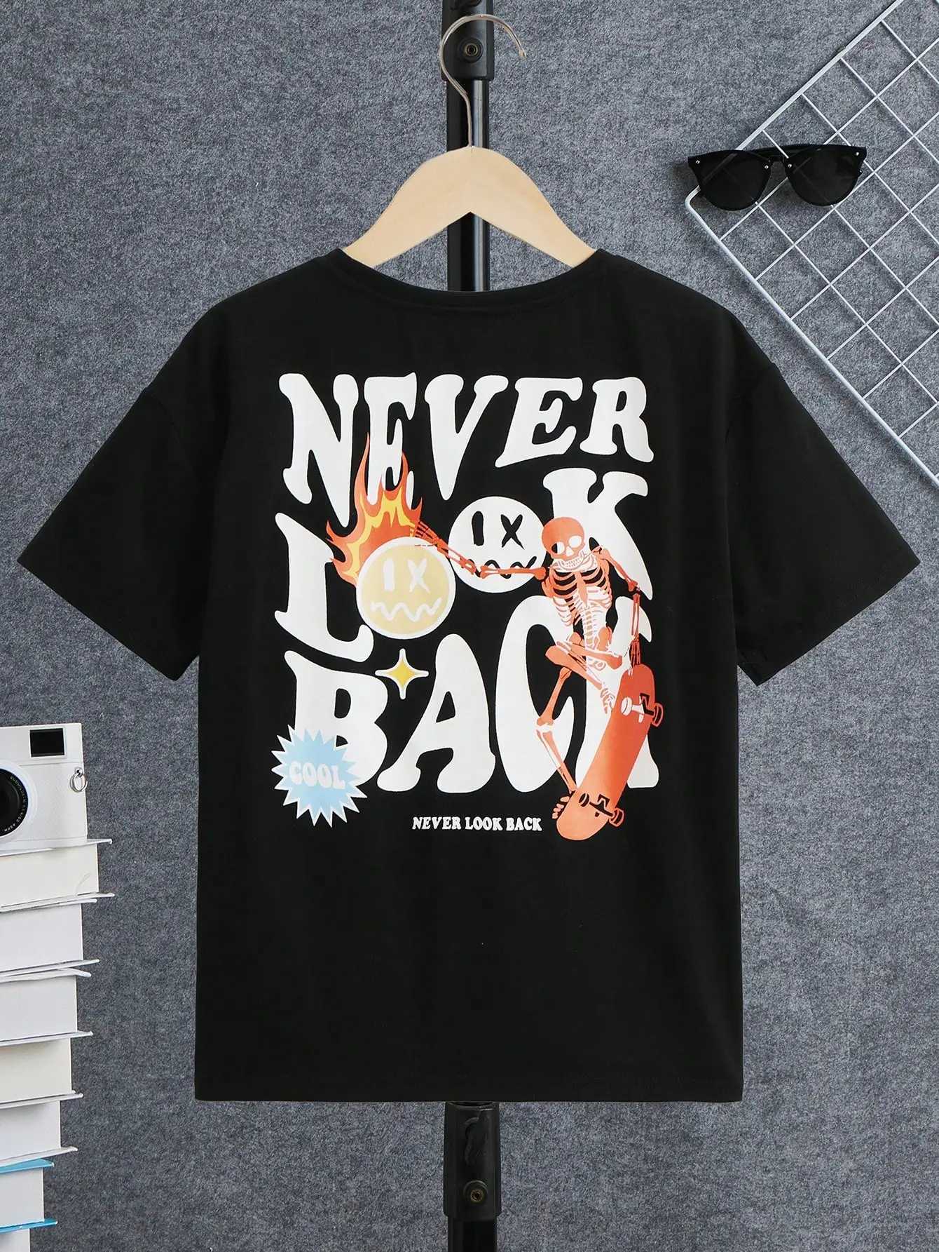 Summer hot selling casual round neck outdoor short sleeved text boy slogan and cartoon face printed T-shirtT250320