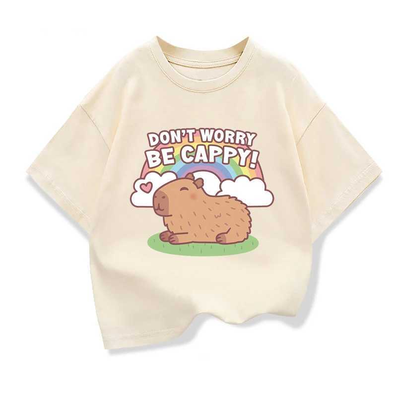 Girls cotton T-shirt Capybara childrens clothing T-shirt summer printed cartoon short sleeved T-shirt childrens basic loose O-neck topT250320