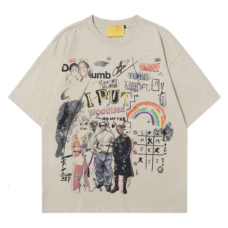 Fun graffiti rainbow hand-painted insoversize short sleeved T-shirt for men with American style design, loose half sleeves