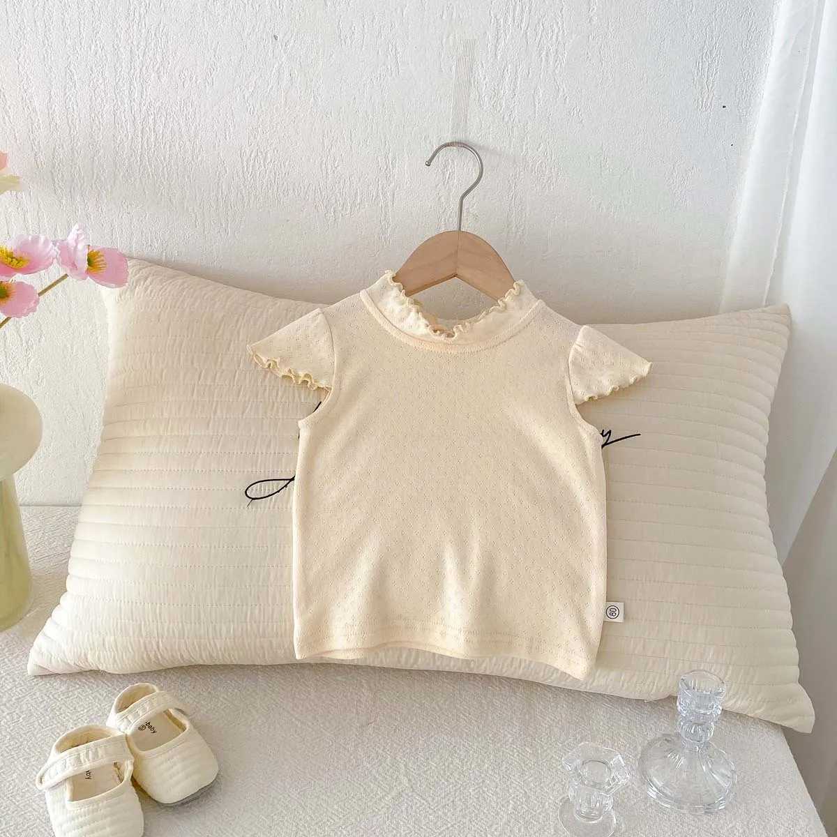 Childrens Summer Korean Short Sleeve Flying Sleeve Bottom Top Infants Girls Solid Color Threaded Ear Collar Versatile T-shirtT250320