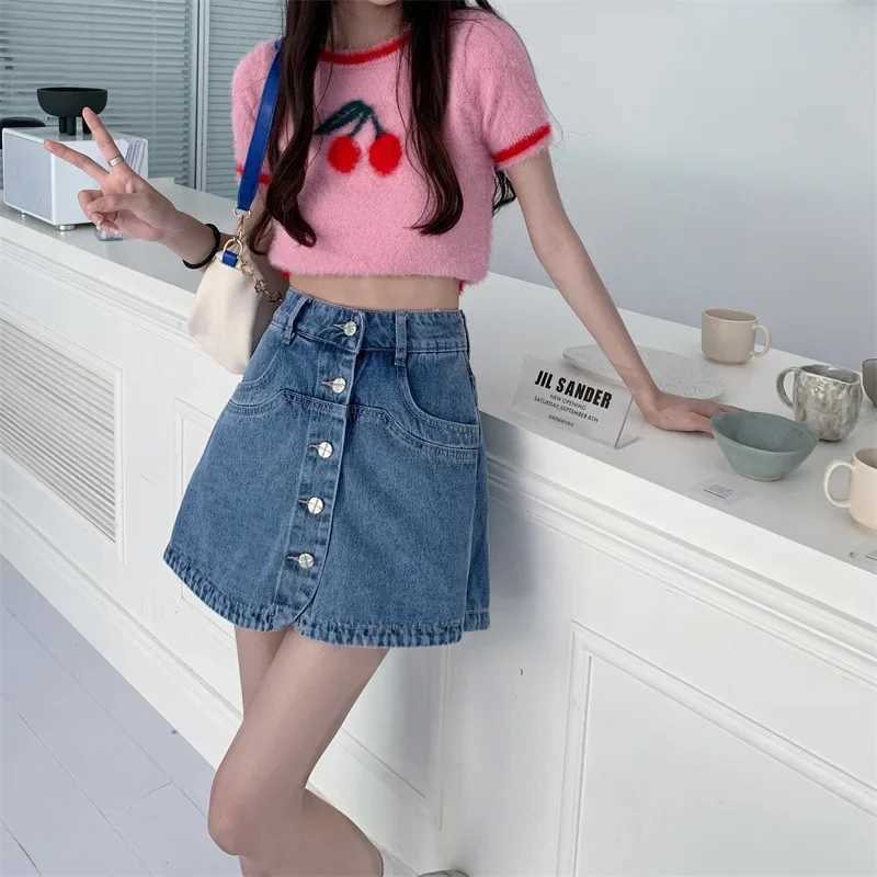 2023 Summer New Denim Leather Pants Womens High Waist A-Line Short Sleeve Leather Pants Mini Set Style Bottom Short Sleeve Casual ClothingXJ250320