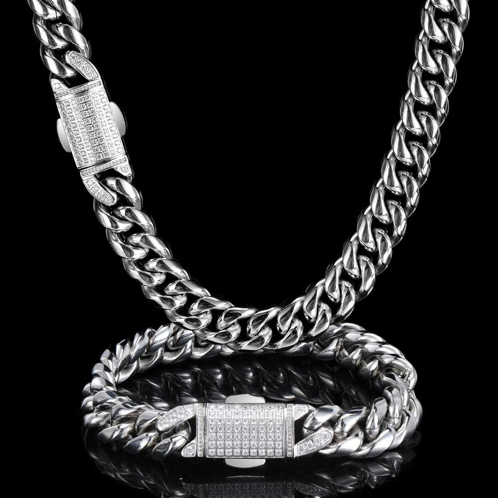 12mm Hip Hop Stainless Steel Jewelry Homme Cadena Luxury Miami Cuban Link Chain Men Rapper Rock Necklace
