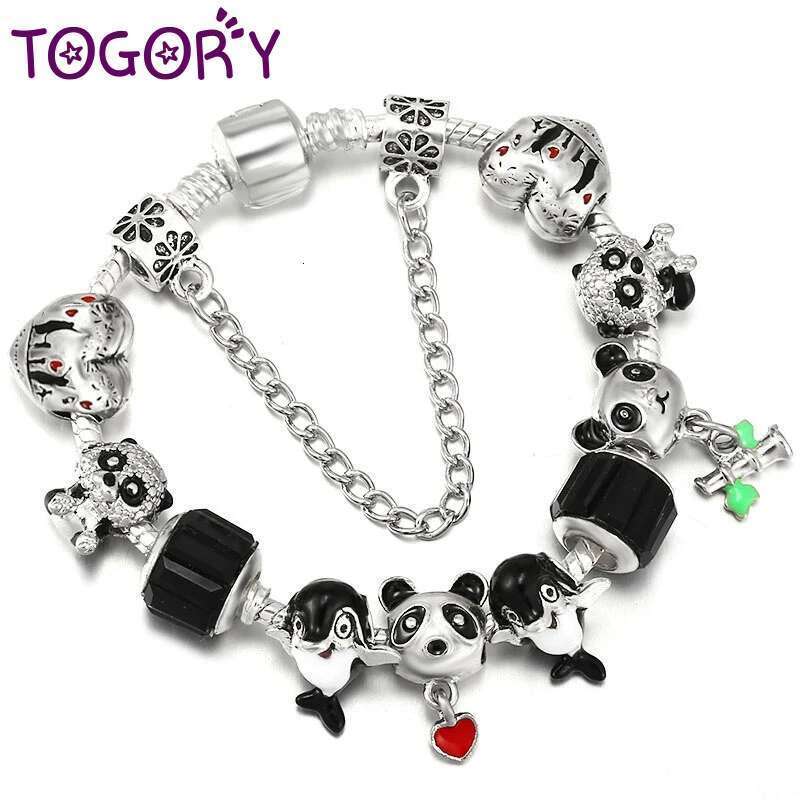 Cute Black Panda Dolphin Beads Charm Bracelets With Silver Plated Chain Bracelet For Women Men Girls Boy Pulseras Jewelry Gift