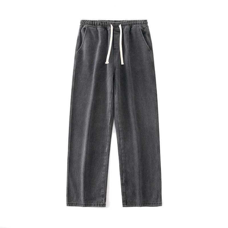 Mens solid color drawstring jeans loose straight Korean retro street hip-hop Y2K casual daily drawstring wide leg pantsT250319