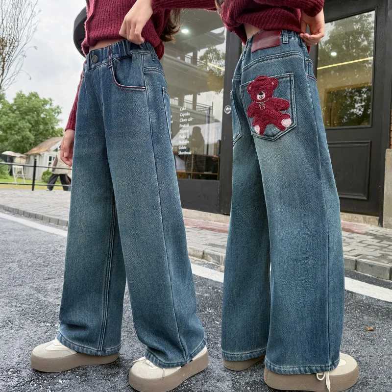 Girls Jeans Spring Autumn New Bear Embroidery Big Kids Trendy Straight Leg Denim Pants Children Wide Leg Trousers 4-14YearsT250326